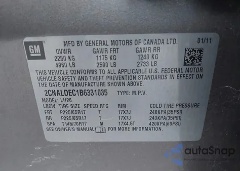 2011 Chevrolet Equinox 1Lt z USA, uszkodzony, nr VIN 2CNALDEC1B6331035